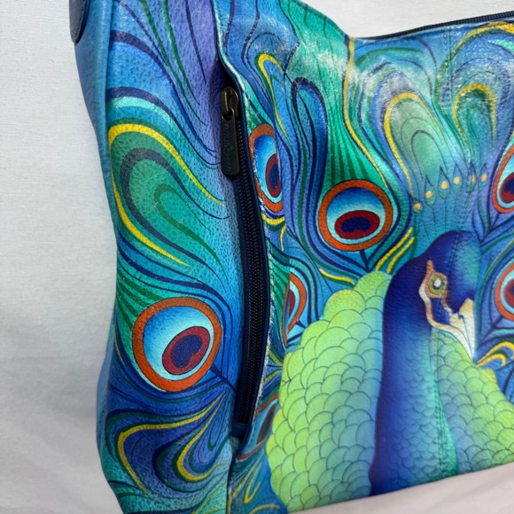 Anuschka Hand-Painted Leather Shoulder Bag Peacock Feathers Blue Green Purse - Picture 9 of 16